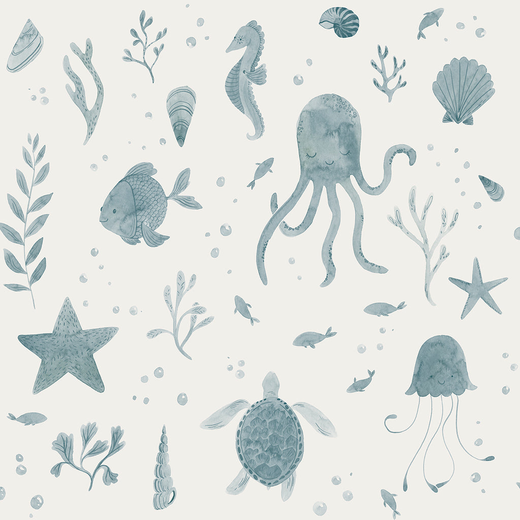 Corals and Friends, Wallpaper in Blue Closeup