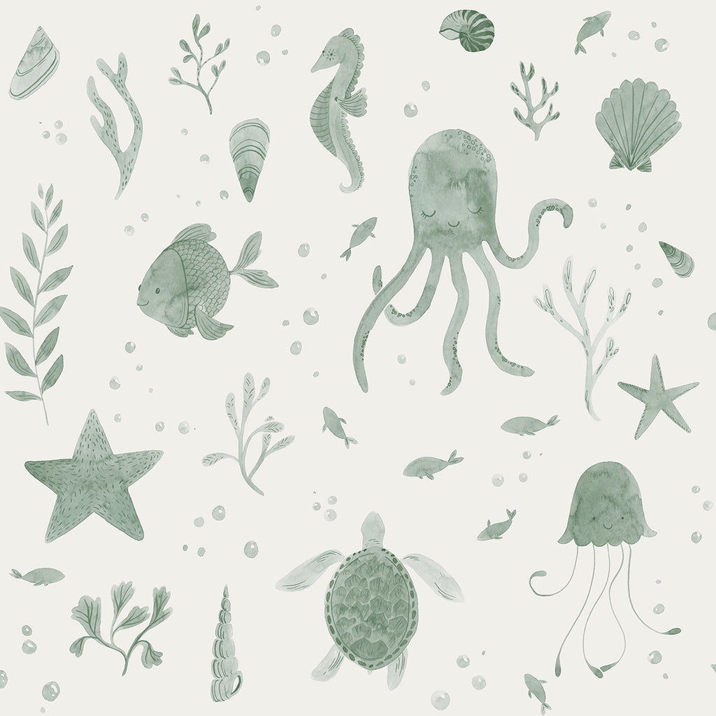 Corals and Friends, Wallpaper in Dark Green Closeup