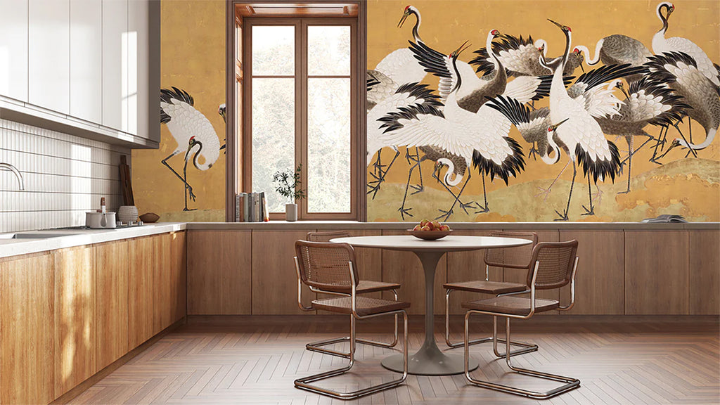 A vibrant room adorned with Crane Birds, Animal Mural Wallpaper in their natural habitat, adding a touch of nature’s tranquility. Imagine a spacious, well-lit area with high ceilings. The floor is covered with polished hardwood, reflecting the soft glow of the ambient lighting. Contemporary furniture, including a plush sofa and a sleek coffee table, are strategically placed, creating a cozy yet sophisticated atmosphere. 