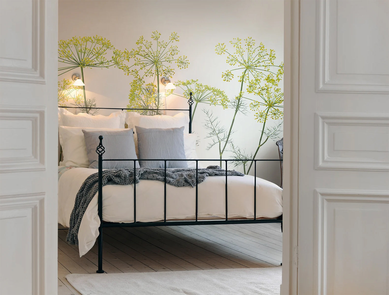 Crown of Dill, Mural Wallpaper with simple dill crowns in a lively yellow against a white background in bedroom