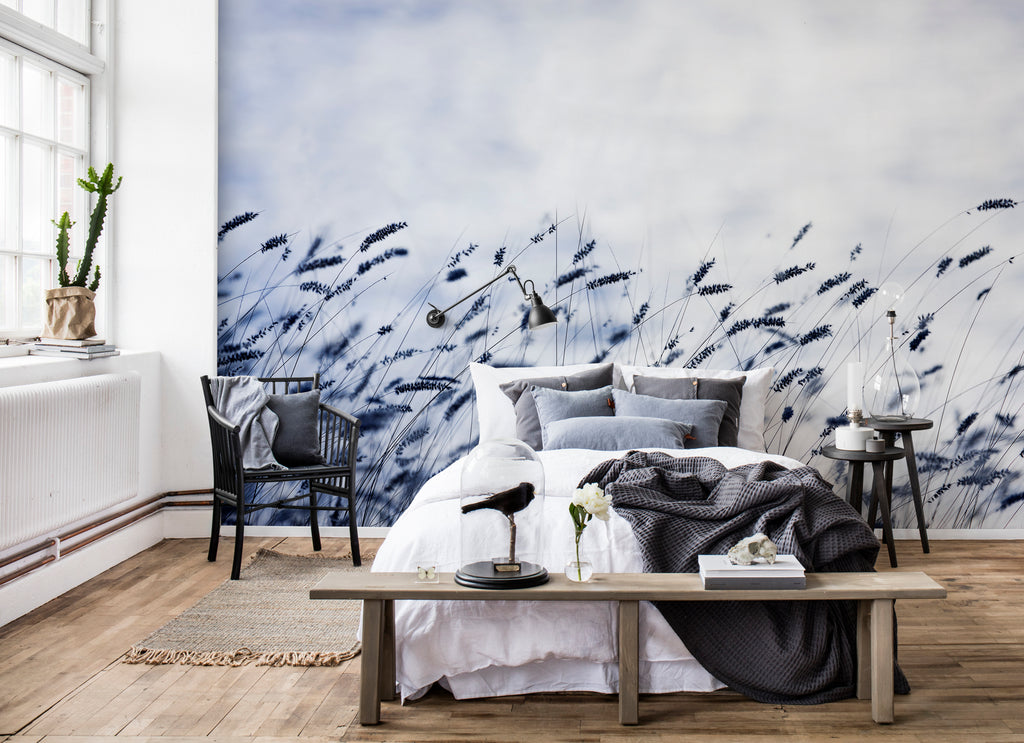 Dusk Breeze, Blue Landscape Wallpaper in a bedroom with wooden furnishing