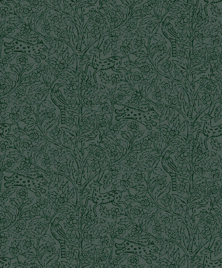 Eden and Friends, Wallpaper in Dark Green closeup
