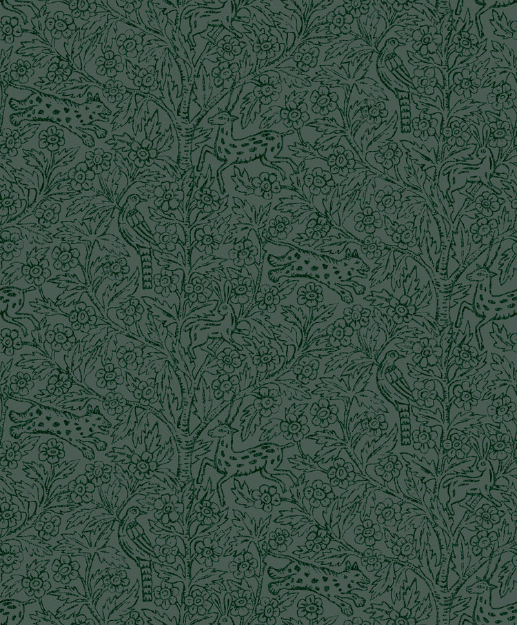 Eden and Friends, Wallpaper in Dark Green closeup