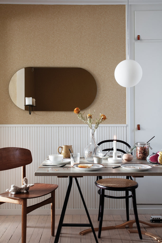 Eden and Friends, Wallpaper in Honey Featured on a wall dining area with wooden brown dining set with several kitchenwares on top of the table