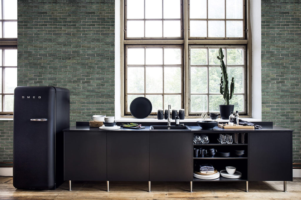 Emerald Tiles, Wallpaper featured on a wall of a kitchen with black fridge and storage full of kitchenwares 