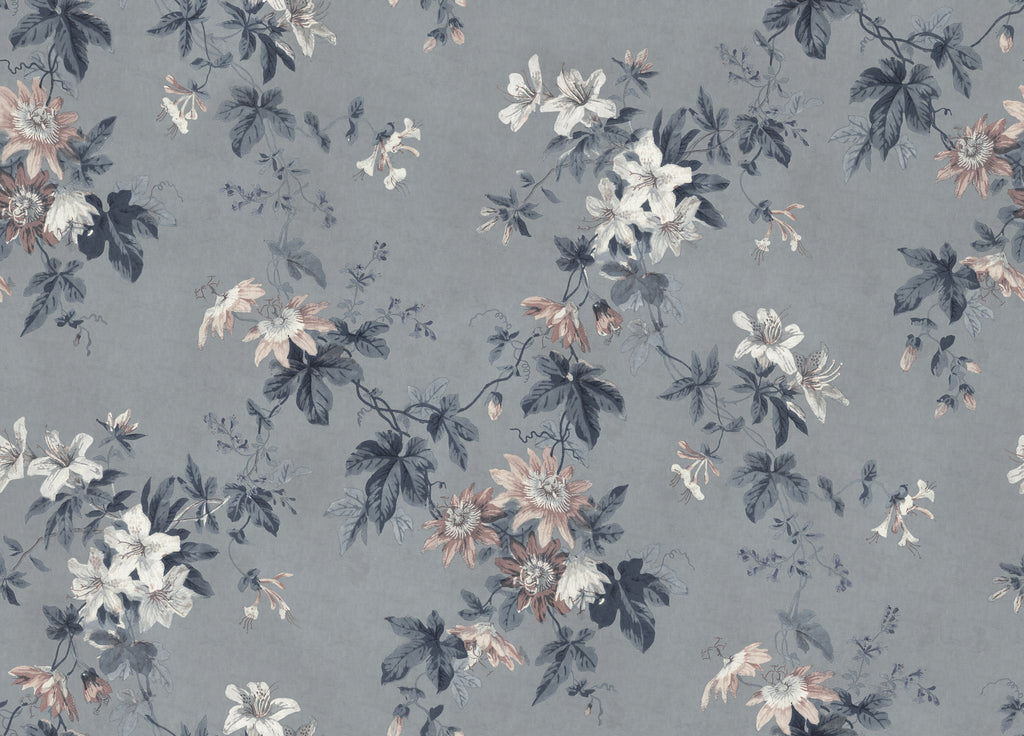 Faded Passion, Floral Wallpaper in blue featured closeup