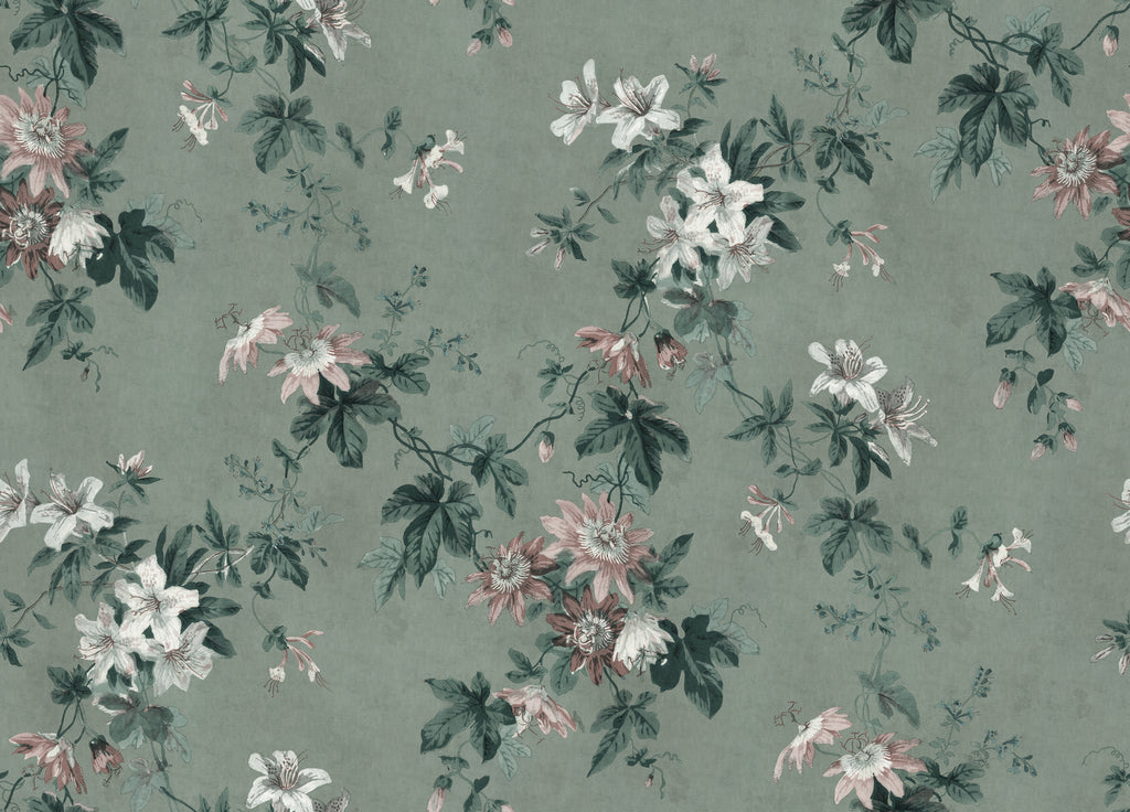 Faded Passion, Floral Wallpaper in green featured closeup