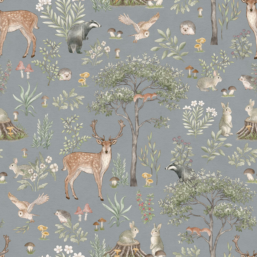 Fantastic Forest, Pattern Wallpaper in Blue closeup
