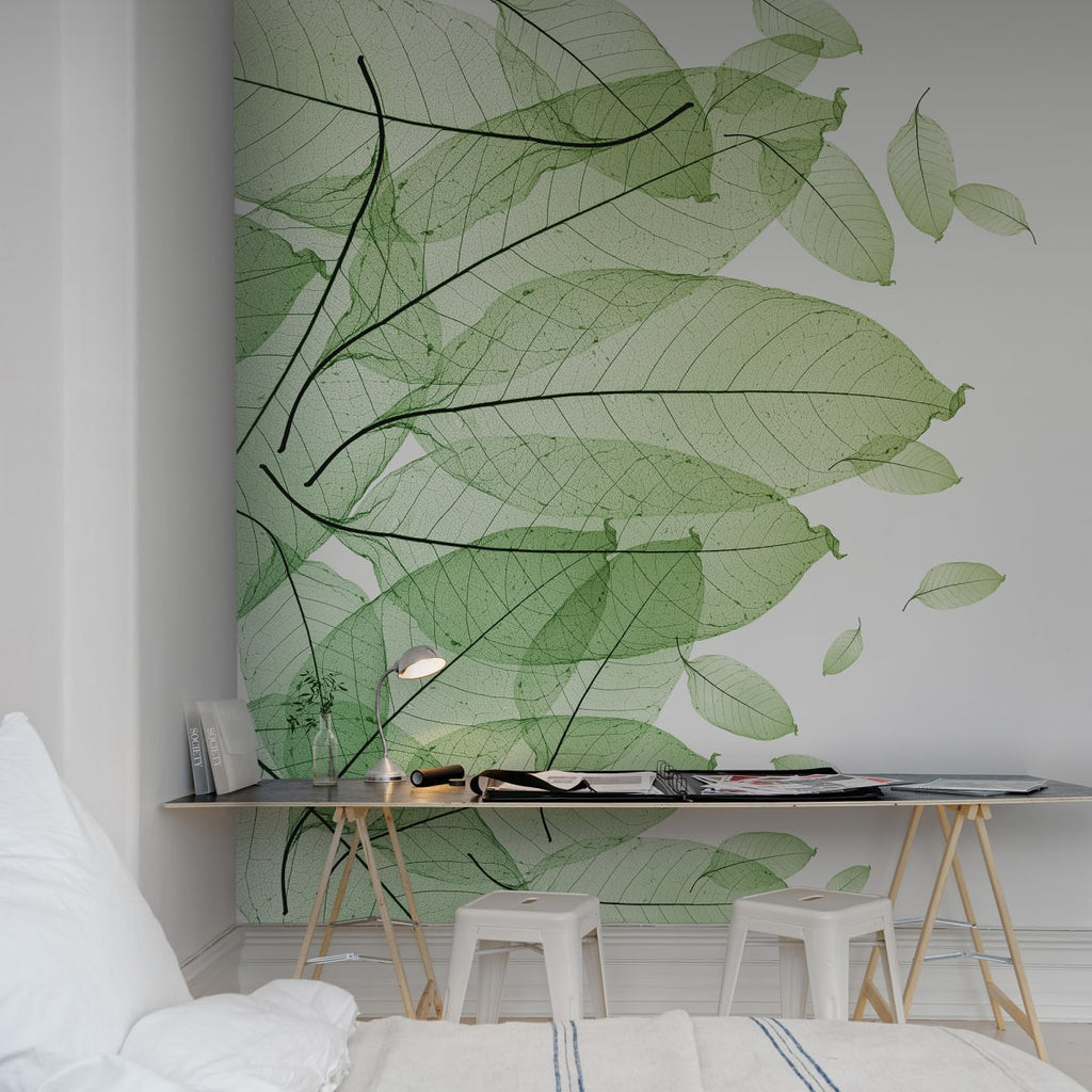 Foliage Green, Wallpaper featured on a wall of a bedroom with a study table and white stool adjacent to the bed