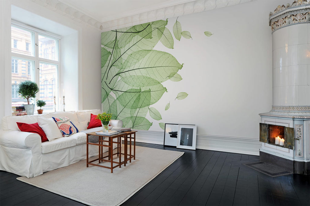 Foliage Green, Wallpaper featured on a wall featured on a wall of a living area with sofa and black flooring