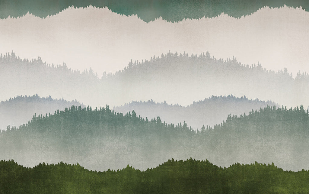 Forest Landscape, Ombre Mural Wallpaper in Dark Green close up 