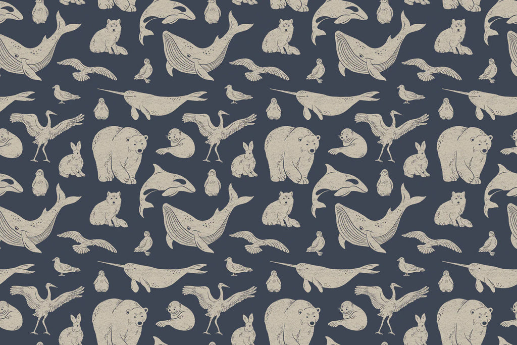 Frosty Friends, Animal Pattern Wallpaper in Blue close up