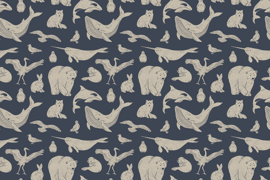 Frosty Friends, Animal Pattern Wallpaper in Blue close up