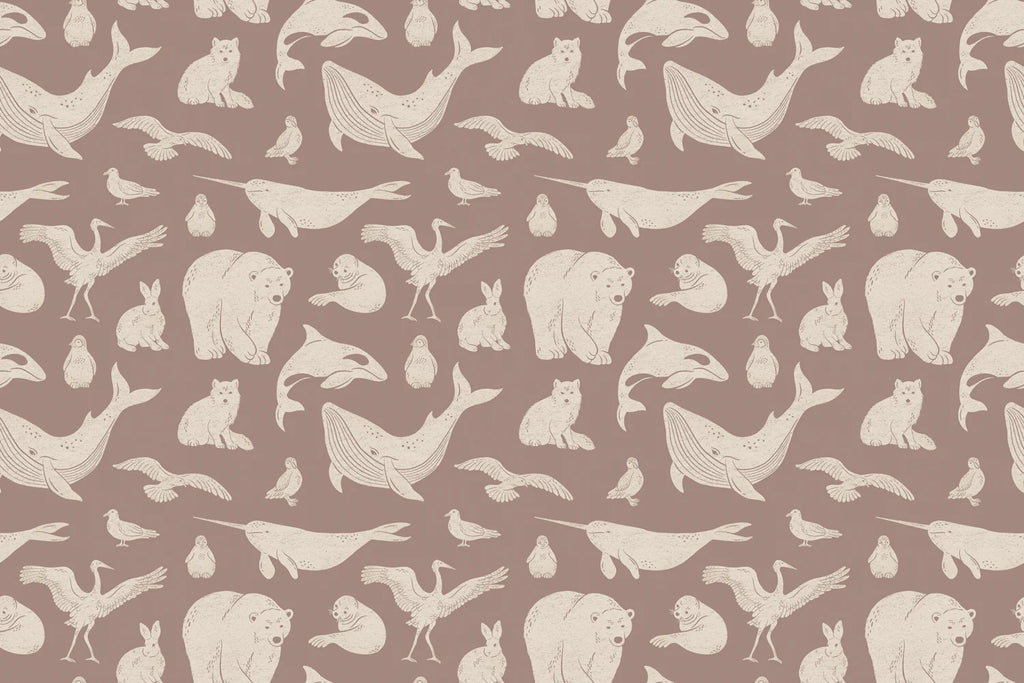 Frosty Friends, Animal Pattern Wallpaper in Dusty Pink close up