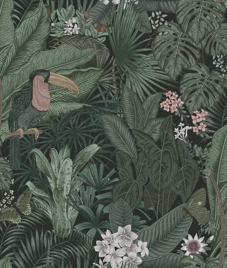 Furada Floral & Toucan, Pattern Wallpaper in dark green Colourway