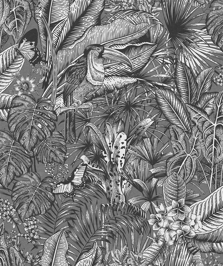Furada Floral & Toucan, Pattern Wallpaper in Dark Grey Colourway