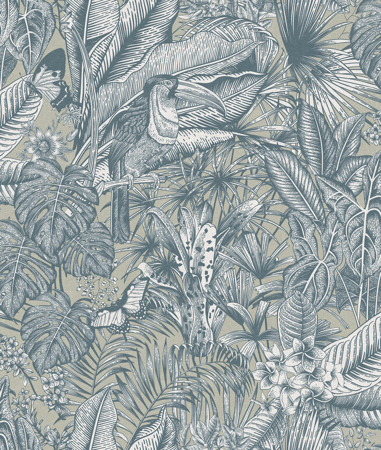 Furada Floral & Toucan, Pattern Wallpaper in Grey/Clay Colourway