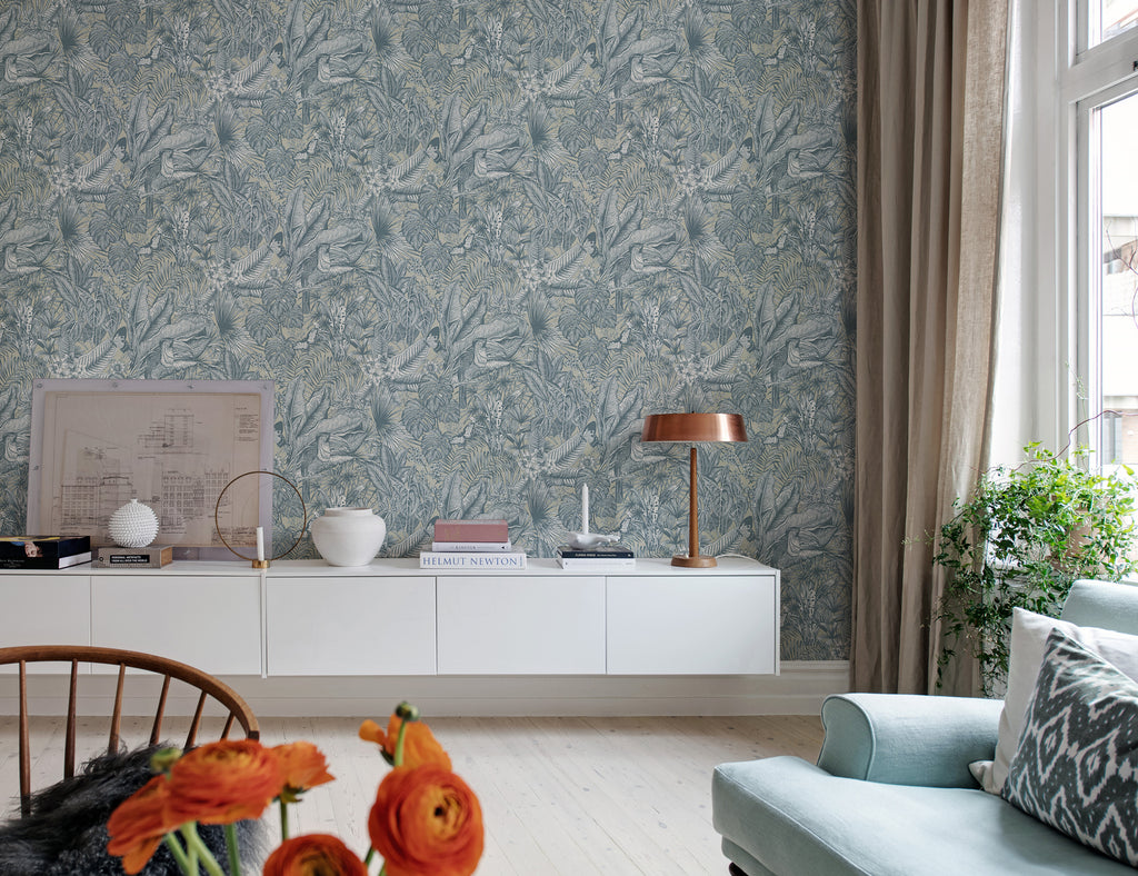 Furada Floral & Toucan, Pattern Wallpaper featured in grey/clay colourway cozy living area near a window with white cabinets