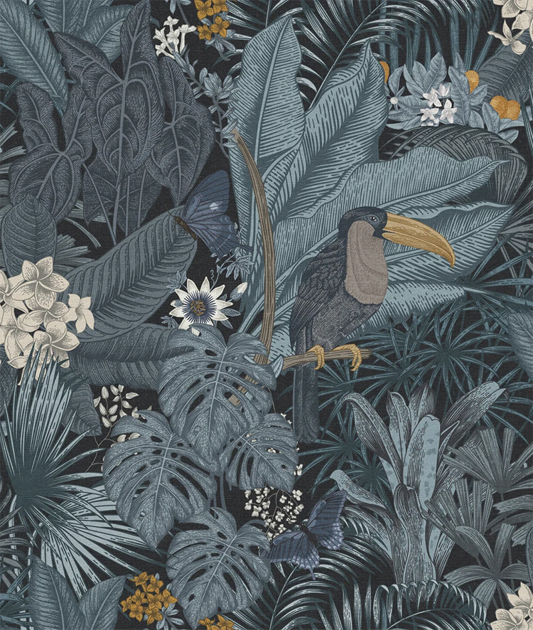 Furada Floral & Toucan, Pattern Wallpaper in Light Grey Colourway
