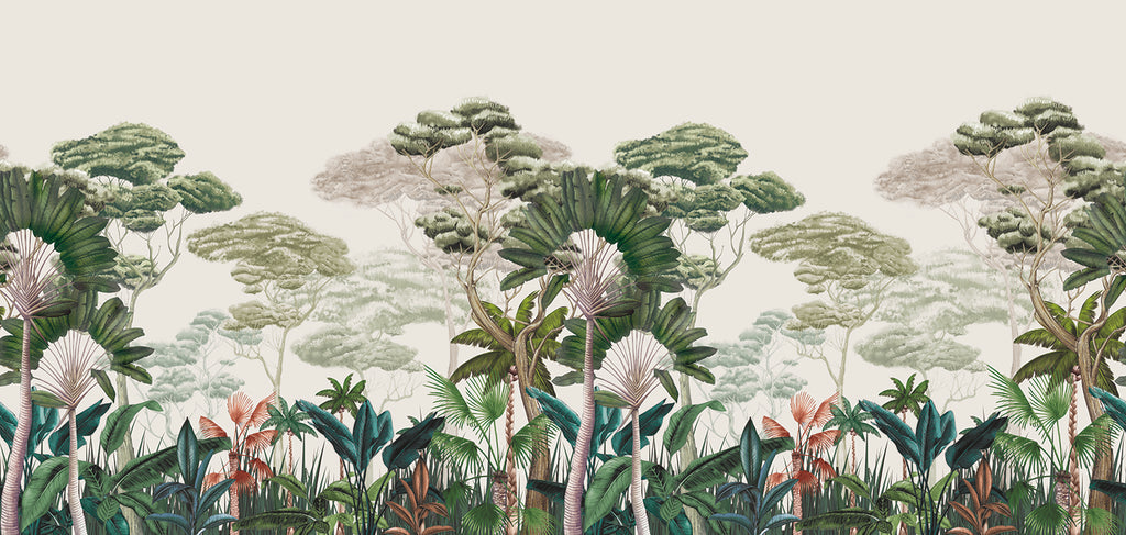 Garden Eden, Tropical Mural Wallpaper in Dark Green close up