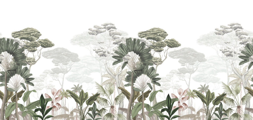 Garden Eden, Tropical Mural Wallpaper in White close up