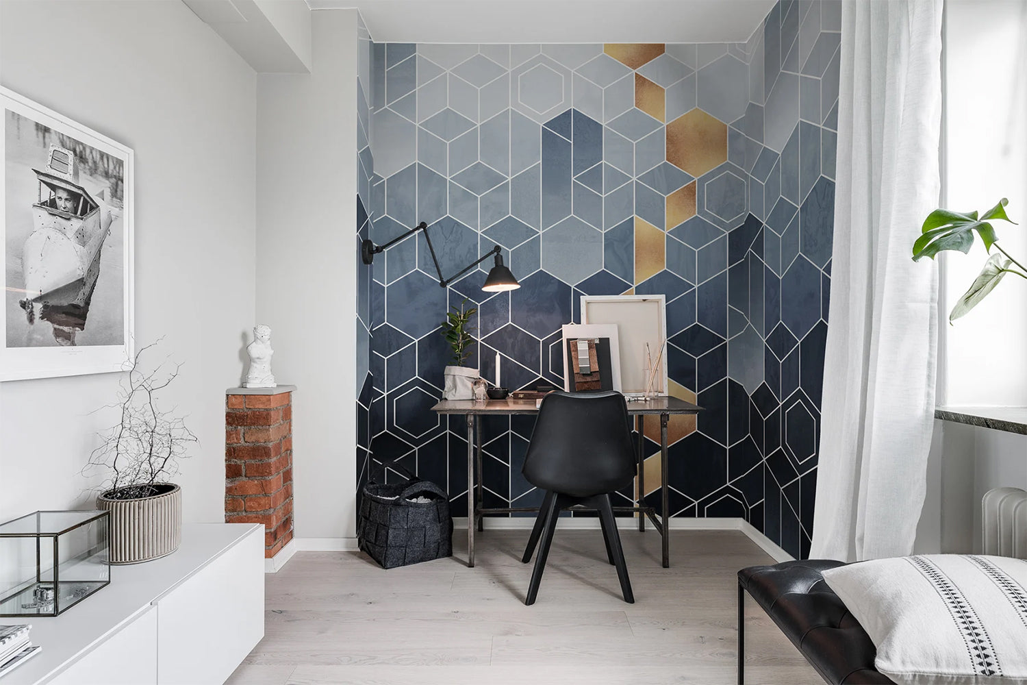 Geometric Blue & Gold, Pattern Wallpaper in work room