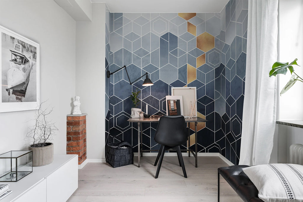 Geometric Blue & Gold, Wallpaper featured on a wall of a study room with a black and wood study table and black chair with wood flooring