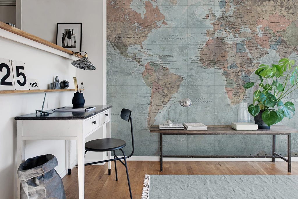 Globetrotters World Map, Wallpaper featured on a wall of a study room with a black and white study table and black chair with wood flooring