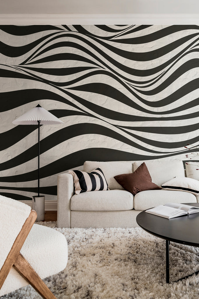 Closed up Graphic Hills, Wallpaper in black featured on the wall of a cozy living area