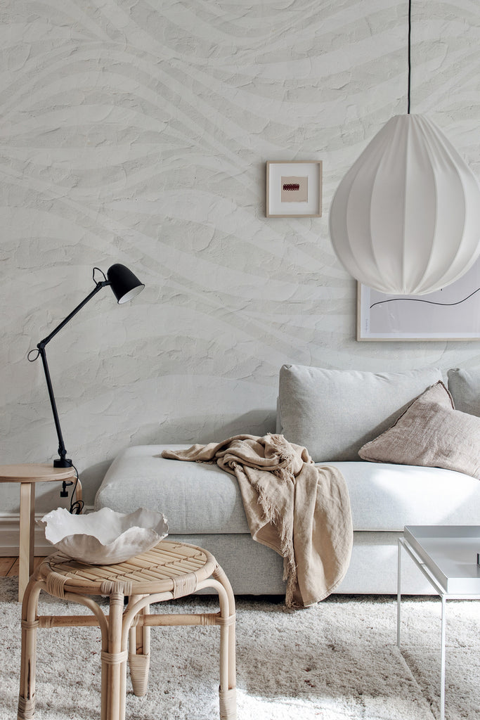 Closed up Graphic Hills, Wallpaper in white featured on the wall of a cozy living area