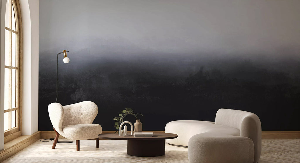 Greg Horizon Ombre, Wallpaper in Grey Blue featured in a wall of a room modern sofa chairs and dark wood table