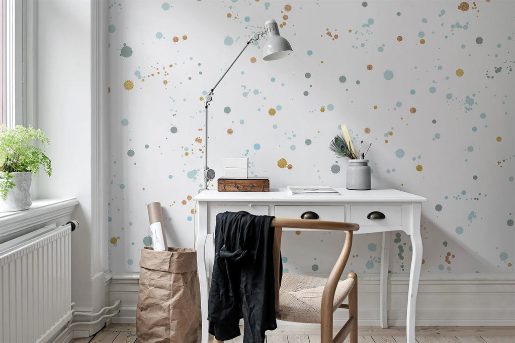 Inked!, Pattern Wallpaper in blue clay featured on a wall of a study room with white study table with a lamp and rattan chair