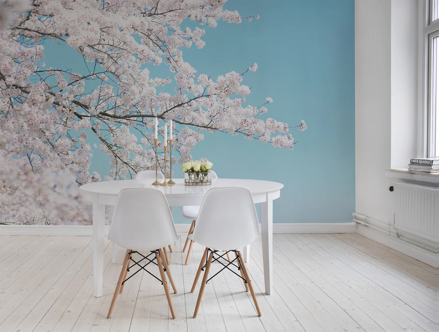 Japanese Cherry Tree, Mural Wallpaper in a cosy dining area with white furnished dining set.