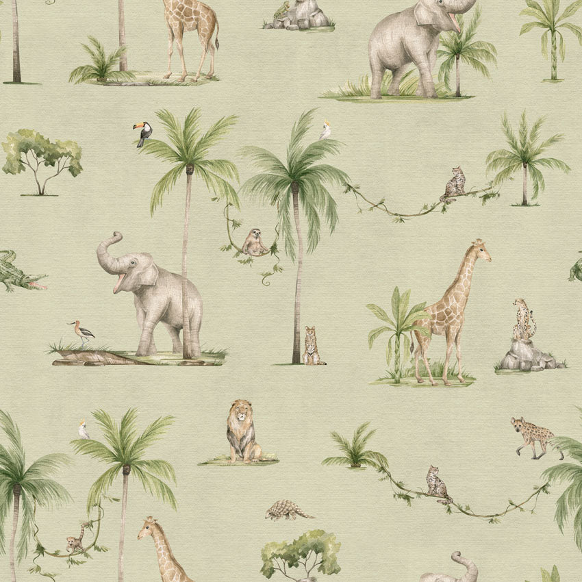 Joyful Jungle, Pattern Wallpaper in Green close up