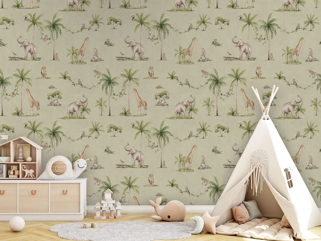 Joyful Jungle, Pattern Wallpaper in a green, the children's room includes a wooden storage unit with drawers and leather handles, topped with decorative items like a wooden house and a stuffed snail toy. There is also a white teepee tent with a cushioned mat and a dreamcatcher hanging at the entrance, various toys like a wooden stacking toy and a star-shaped cushion, and a round, light-colored rug on the floor.
