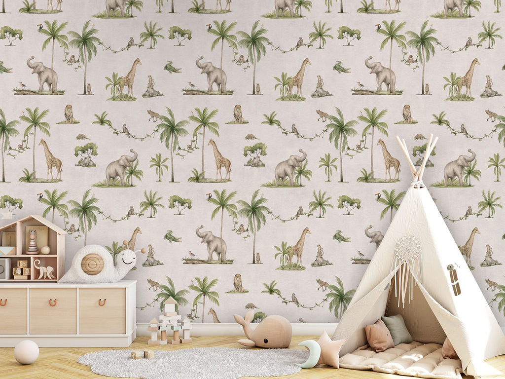 Joyful Jungle, Pattern Wallpaper in a white, the children's room includes a wooden storage unit with drawers and leather handles, topped with decorative items like a wooden house and a stuffed snail toy. There is also a white teepee tent with a cushioned mat and a dreamcatcher hanging at the entrance, various toys like a wooden stacking toy and a star-shaped cushion, and a round, light-colored rug on the floor.
