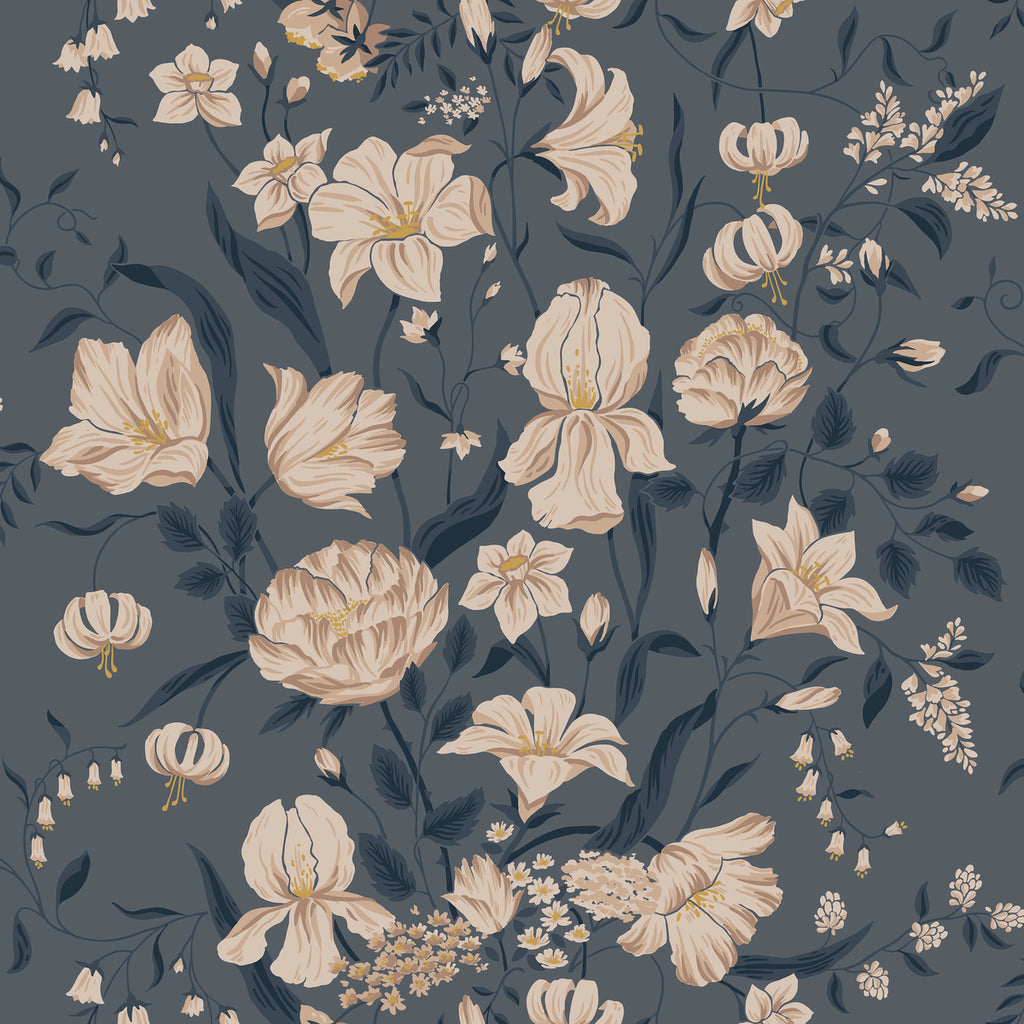 Karins Bukett, Floral Pattern Wallpaper in dark blue closeup