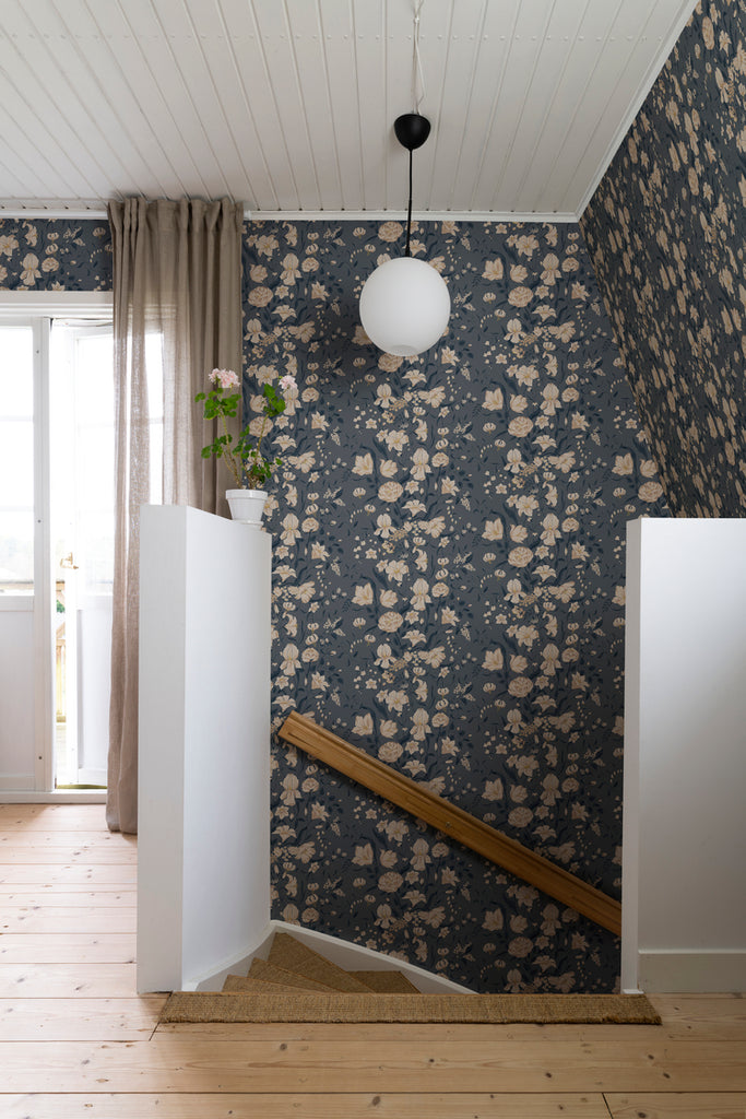 Karins Bukett, Floral Pattern Wallpaper in dark blue featured on a wall near the staircase