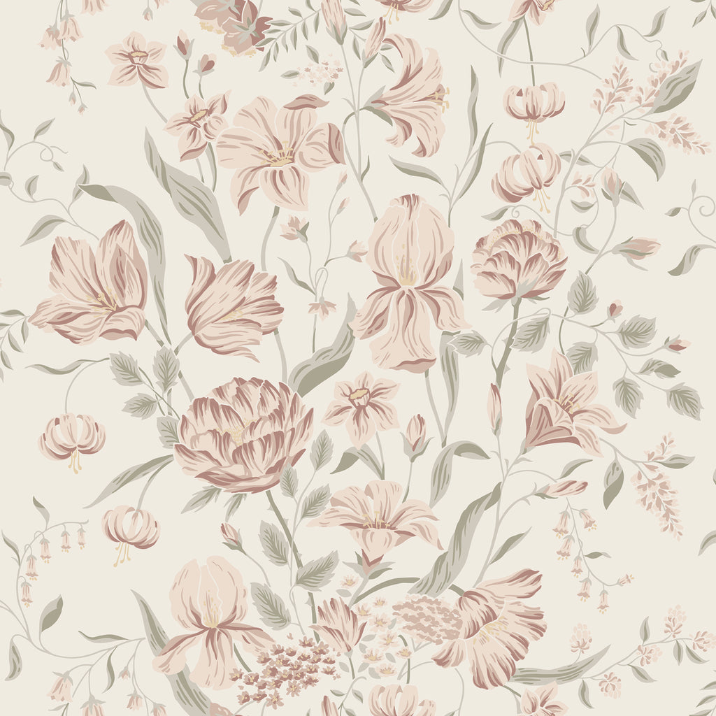 Karins Bukett, Floral Pattern Wallpaper in Sand closeup