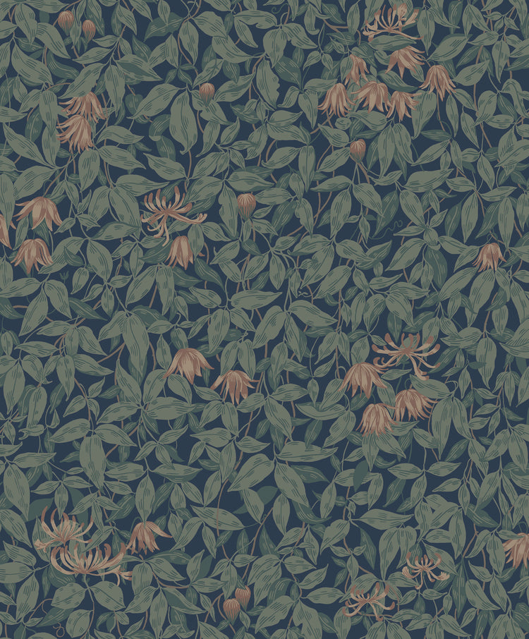 Linnea, Floral Pattern Wallpaper in dark blue featured closeup