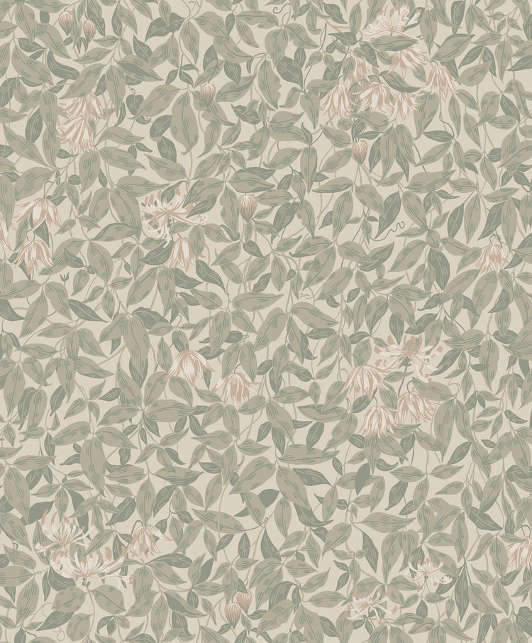 Linnea, Floral Pattern Wallpaper in green featured closeup