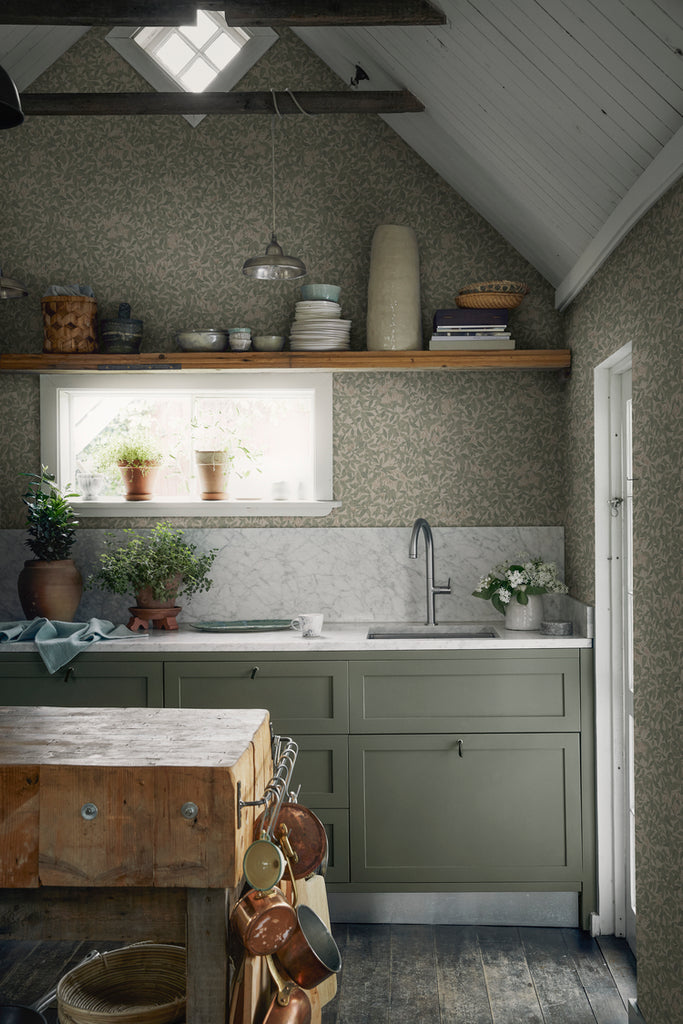Linnea, Floral Pattern Wallpaper in green featured on a wall of a kitchen area with wooden furnitures that matches a country ambiance 