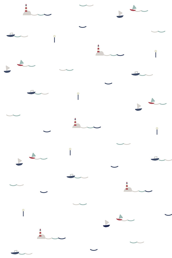 Little Sailors, Pattern Wallpaper Blue Grey close up