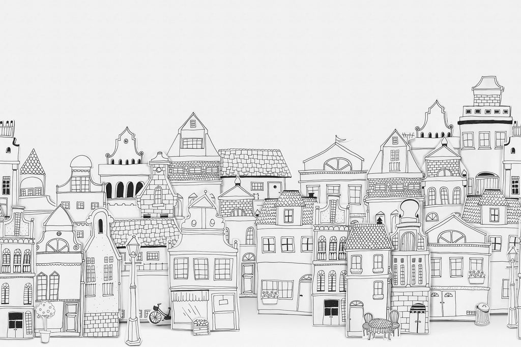 London Houses, Mural Wallpaper in Black White closeup