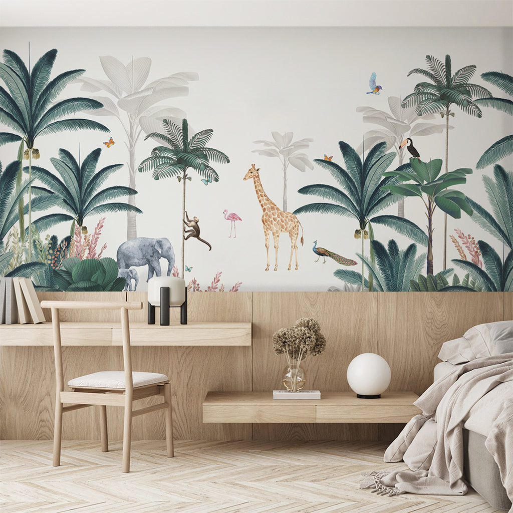 Modern room with wooden bench and chair, light herringbone floor. Wall adorned with Lush Kingdom, Animal Mural Wallpaper in Dark Green depicting a vibrant animal kingdom.