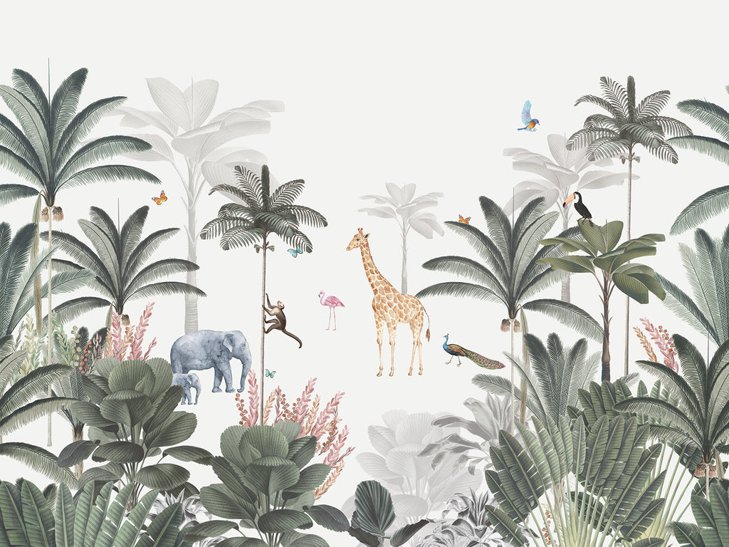 Lush Kingdom, Animal Mural Wallpaper in Green Close Up