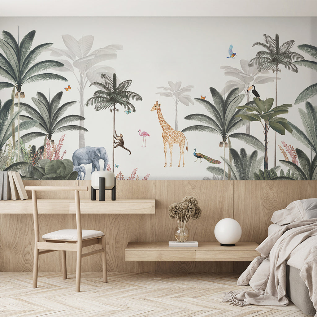 Modern room with wooden bench and chair, light herringbone floor. Wall adorned with Lush Kingdom, Animal Mural Wallpaper in Green depicting a vibrant animal kingdom.