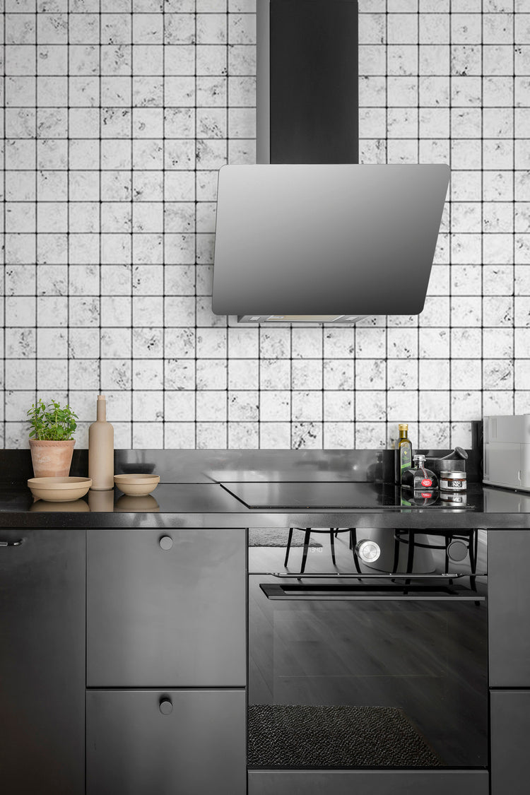Marble Tiles, Pattern Wallpaper featured on a wall of a kitchen area with black kitchen cabinets
