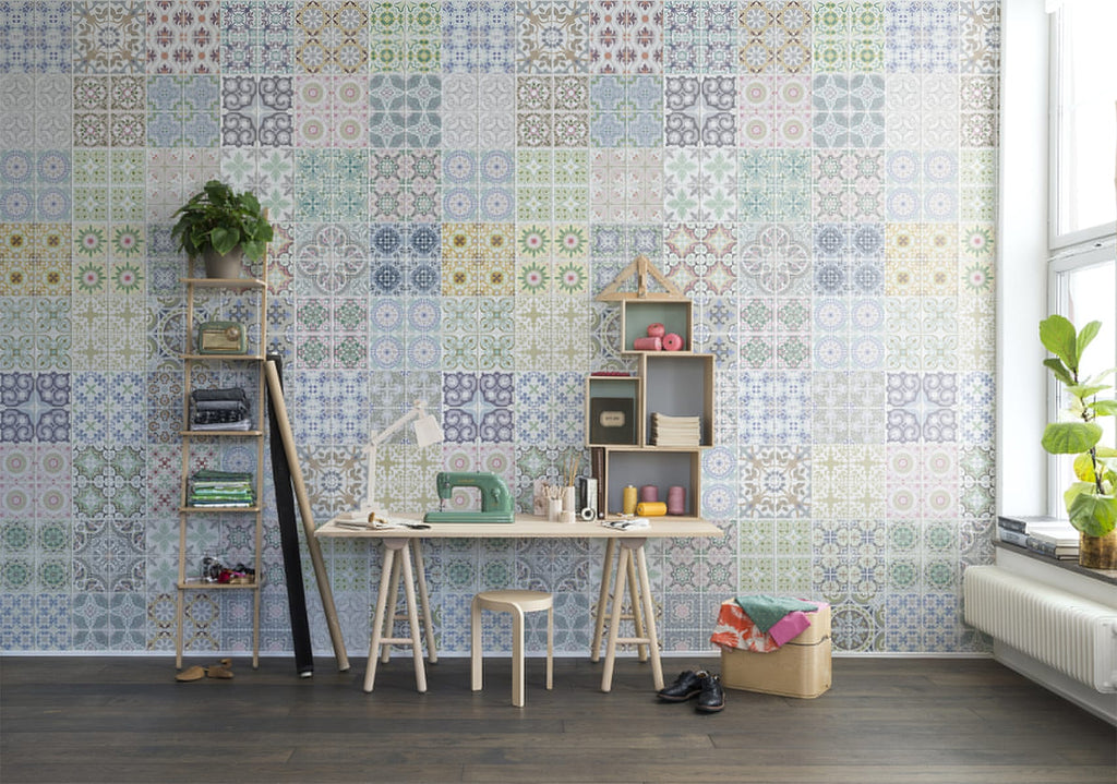 Marrakech Tiles, Pattern Wallpaper in multicolor featured on a wall of a study room with white table, white chair and an open shelve