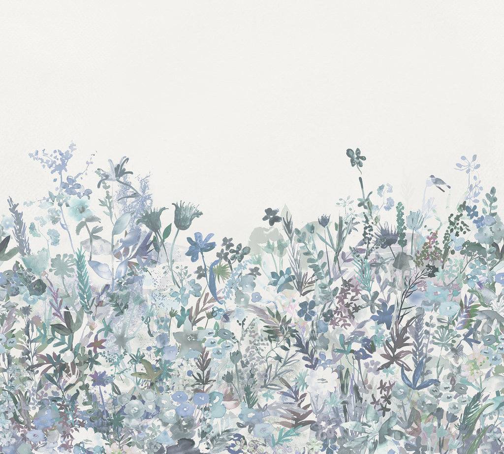 May Meadow, Floral Mural Wallpaper in soft blue closeup